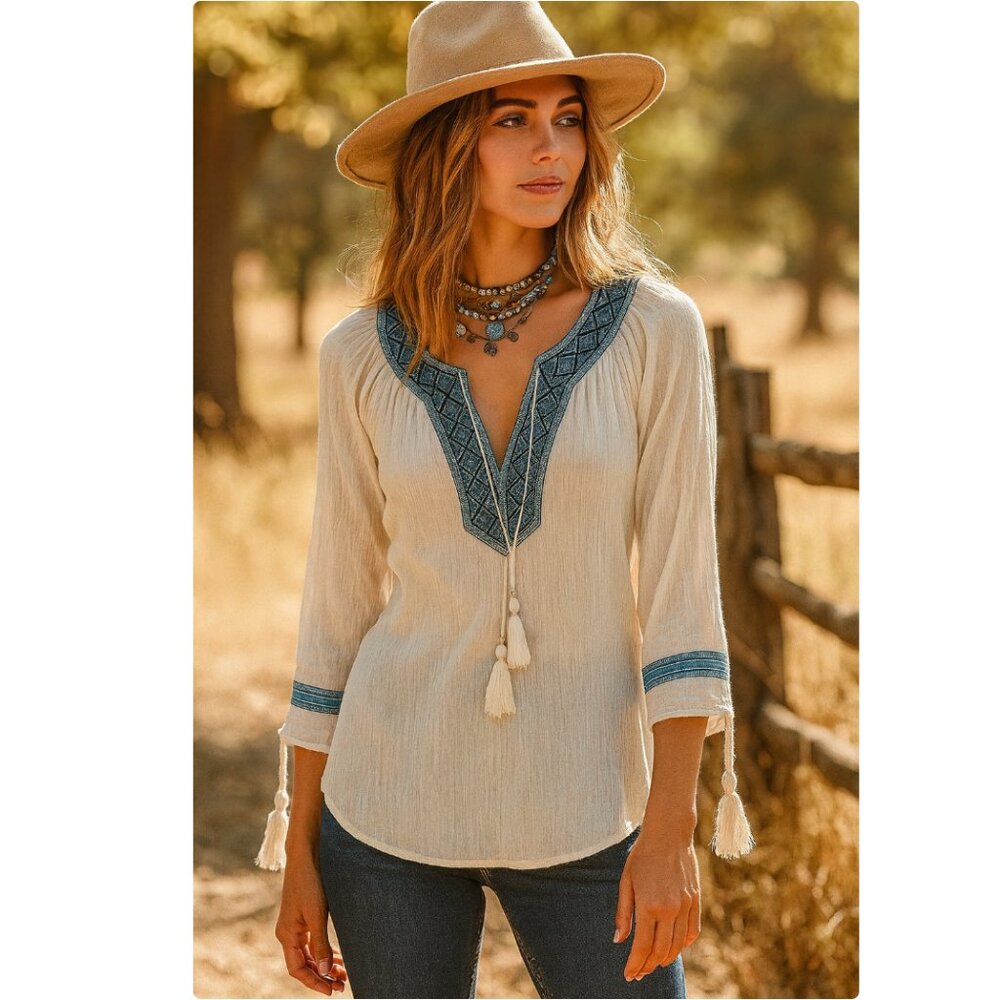 Joie | Cotton Embroidered Tassel Top White & Blue Peasant Boho | Size	Large